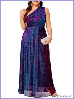 Plus Size One-Shoulder Maxi Formal Evening Gown Sparkly Sleeveless A-Line Prom